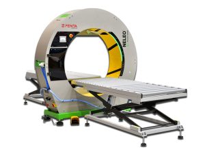 Na zakázku vyrobený ovinovací stroj NELEO 125 s pneumaticky zvedacími dopravníky