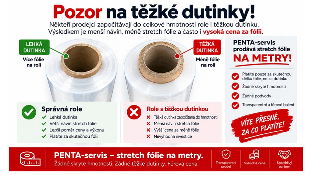 Porovnání ruční stretch fólie s lehkou a těžkou dutinkou – těžká dutinka znamená méně fólie na roli a vyšší cenu za metr